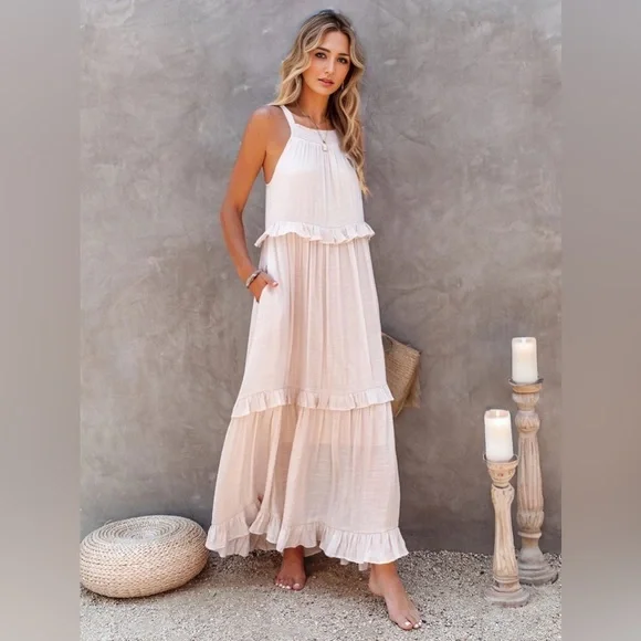 chinese dress ladies Buy Elegant Beige Banana Fabric Mul Cotton V-Neck Tiered Maxi Dress For Women By Thvani Online At Nymi Store XL